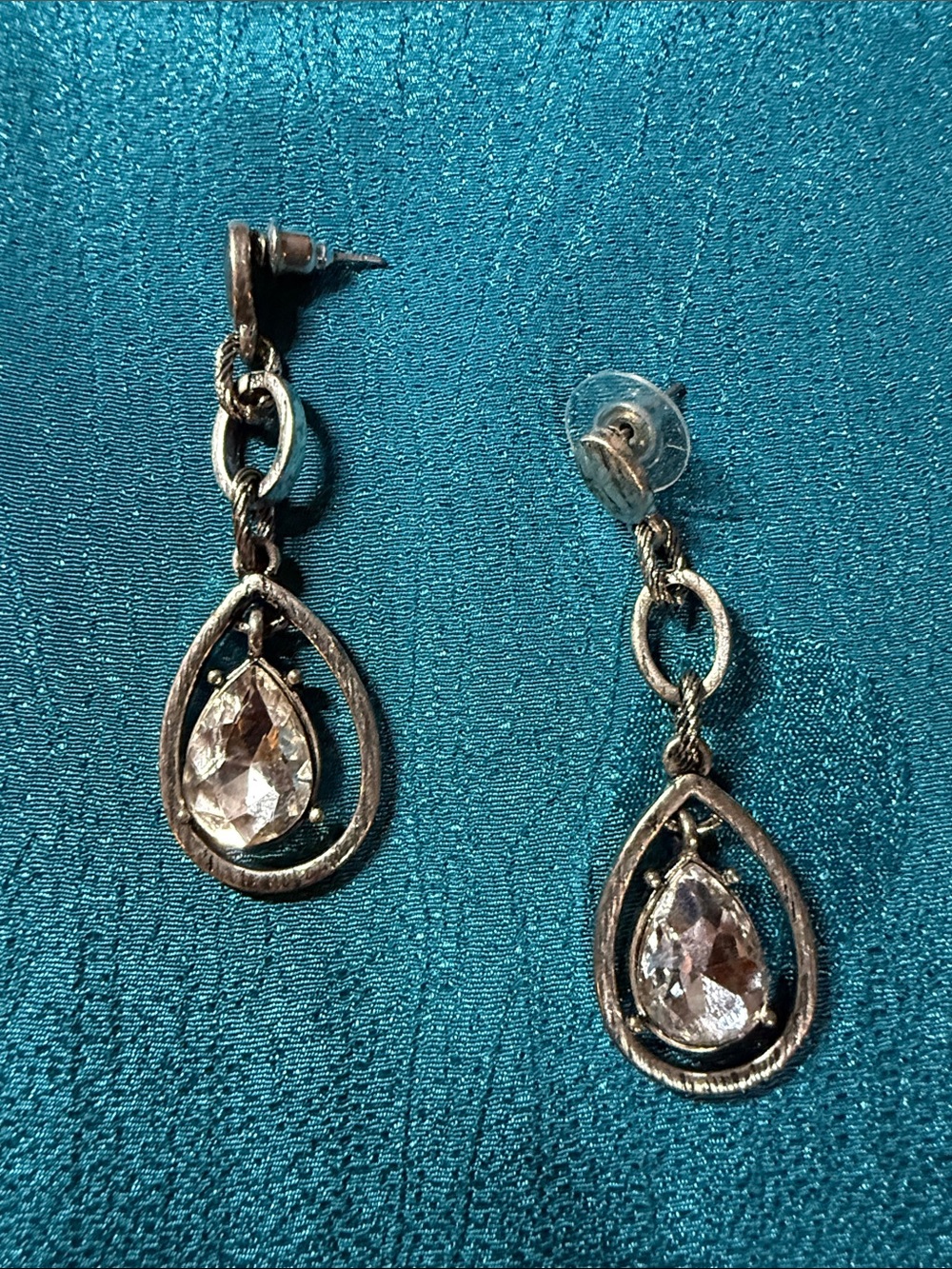 Vintage-Inspired Teardrop Dangle Earrings in Clear Crystal and Antiqued Metal